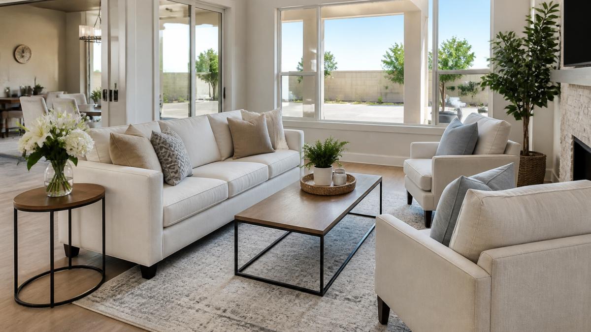 Infographic showing steps for home staging to ensure high quality photos home sale in a bright living room