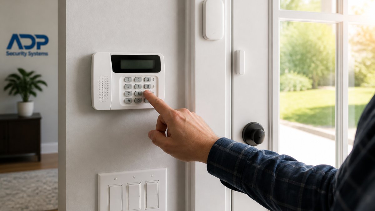 Homeowner's hand pressing buttons on a modern control panel keypad mounted in an entryway, with door and window sensors visible on the frame behind, natural morning light streaming through the window