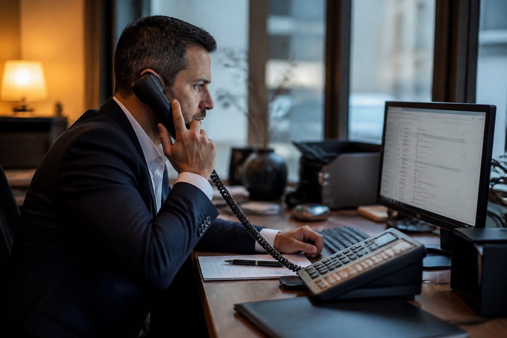 Hotel manager on phone with insurance representative while reviewing incident details on computer screen, showing urgent communication during a breach response with focused lighting on the desk workspace