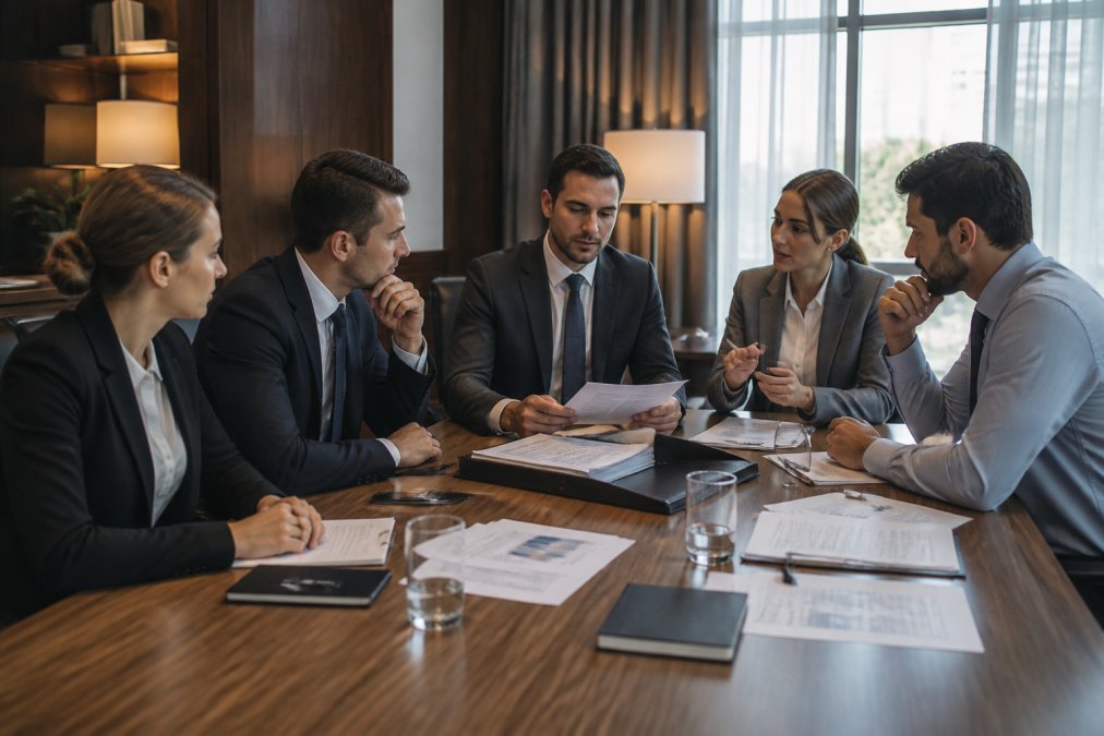 Hotel security team meeting in a conference room with laptops and documents, discussing incident response procedures and breach protocols with natural window lighting illuminating the workspace