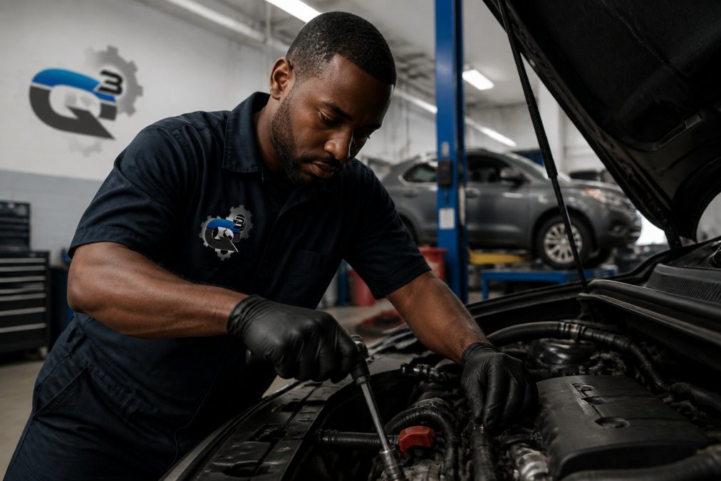 Professional automotive technician in dark uniform working on vehicle engine in well-lit service bay, using diagnostic scanner and hand tools with focused concentration