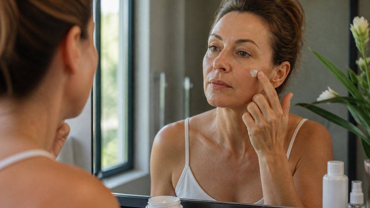 Woman applying instant skin tightening cream to her cheekbone in a mirror