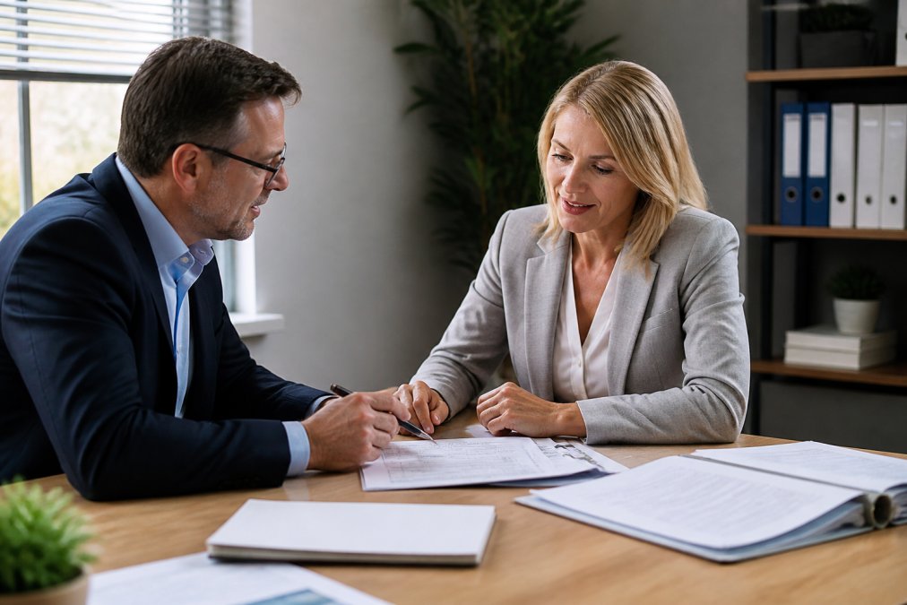 A professional broker and a business owner sitting across a desk, reviewing a claim form together with policy documents spread out, natural office lighting