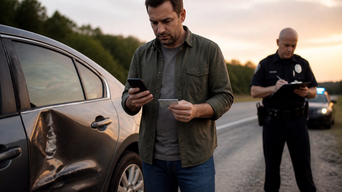 A driver standing beside a dented sedan on a roadside shoulder at dusk, holding a smartphone and insurance card, with a police officer writing notes on a clipboard in the background