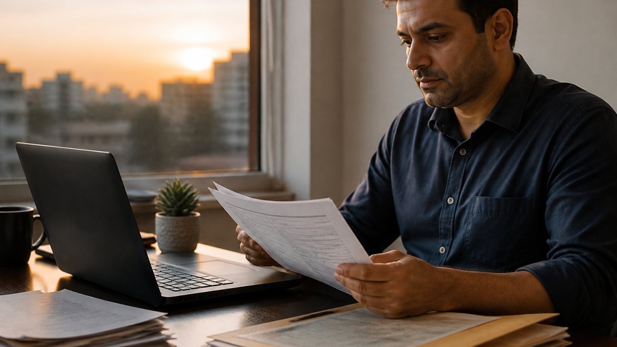 NRI professional reviewing property documents and bank statements for NRI tax compliance at a desk abroad
