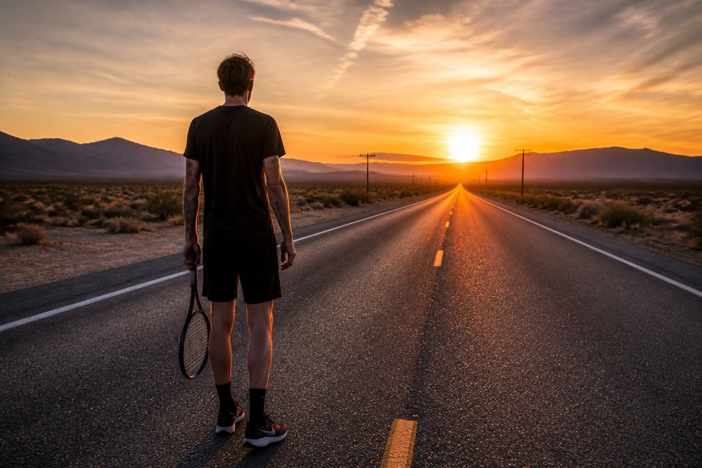 A tennis player stands on a desert highway at sunset.