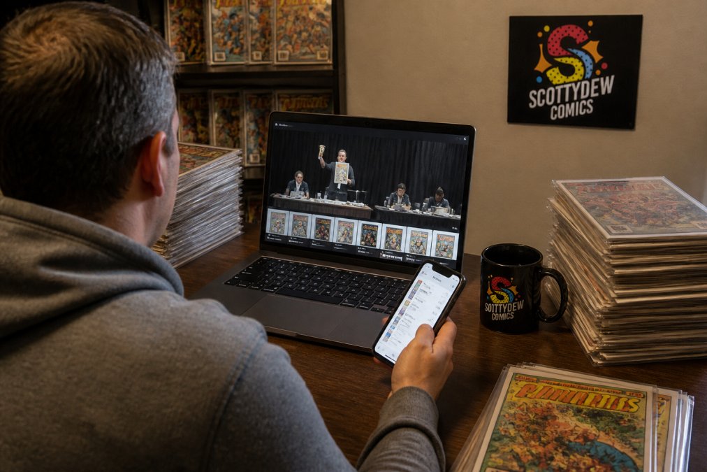 A collector sitting at a desk with a laptop showing a live auction stream, surrounded by stacked comic books in protective bags and a smartphone displaying bid notifications