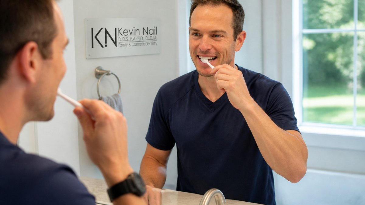 Person brushing teeth with a soft-bristle toothbrush to help dental veneers last longer during a morning routine.