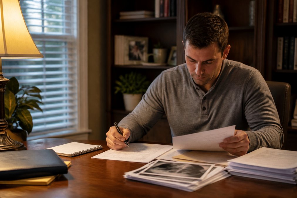 Person sitting at a wooden desk in a home office, reviewing legal documents and medical records with a pen in hand under warm lamp light, looking focused and organized