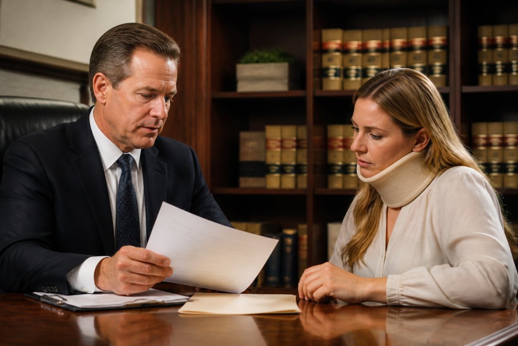A personal injury attorney in a professional office with bookshelves, reviewing settlement documents with a client seated across the desk, both looking at paperwork under warm overhead lighting