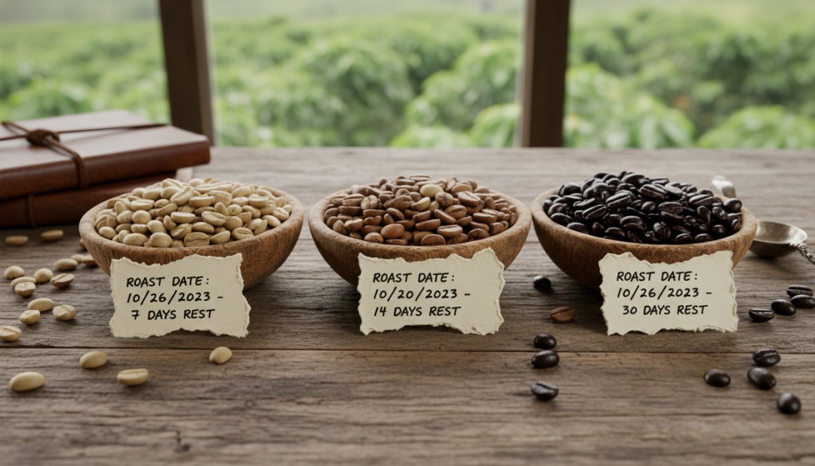Close-up overhead shot of three small ceramic bowls of whole [coffee](/blog/how-to-brew-perfect-coffee) beans side by side, one pale tan light roast, one warm brown medium roast, one deep near-black dark roast, arranged on a rustic wooden surface with handwritten roast date tags beside each bowl, photographed in soft natural window light