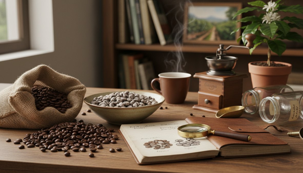 Side-by-side close-up of two handfuls of coffee beans resting on a white ceramic plate in natural window light: one batch of vibrant, slightly oily freshly roasted beans with rich brown tones, and one batch of dull, faded, visibly dry stale beans with a chalky gray surface