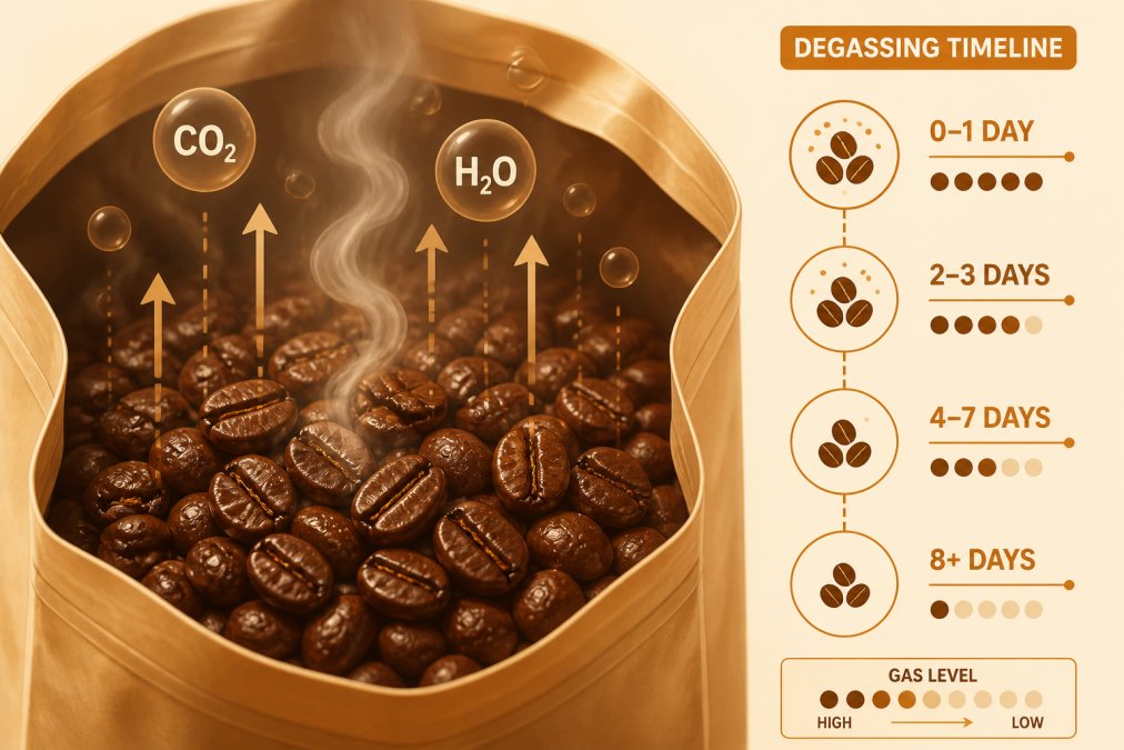 Close-up of freshly roasted coffee beans in an open bag or container, showing visible moisture and steam rising from the beans with natural warm lighting