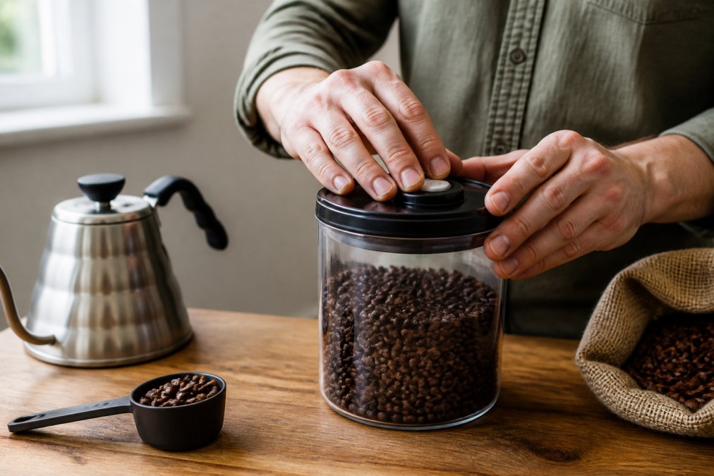 Hand sealing an airtight coffee container with a one-way valve, with fresh roasted beans visible inside on a wooden surface with natural window lighting
