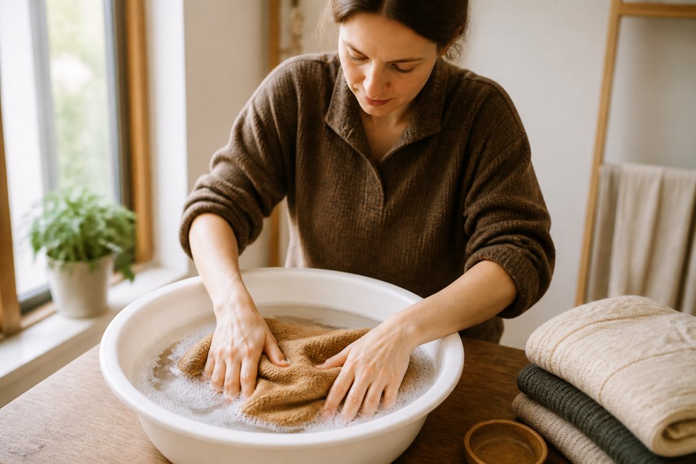 Hands gently pressing a folded camel-colored alpaca sweater down into a white basin of cool, soapy water, soft natural window light