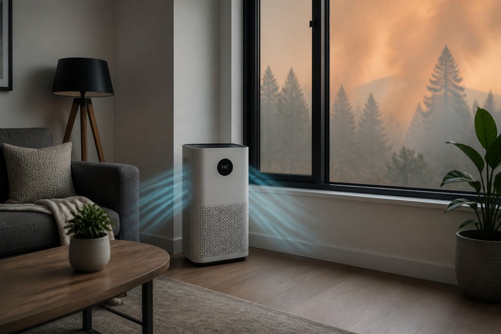A modern living room with an air purifier placed near a window with visible wildfire smoke haze outside, showing the unit's display panel lit and clearly visible airflow