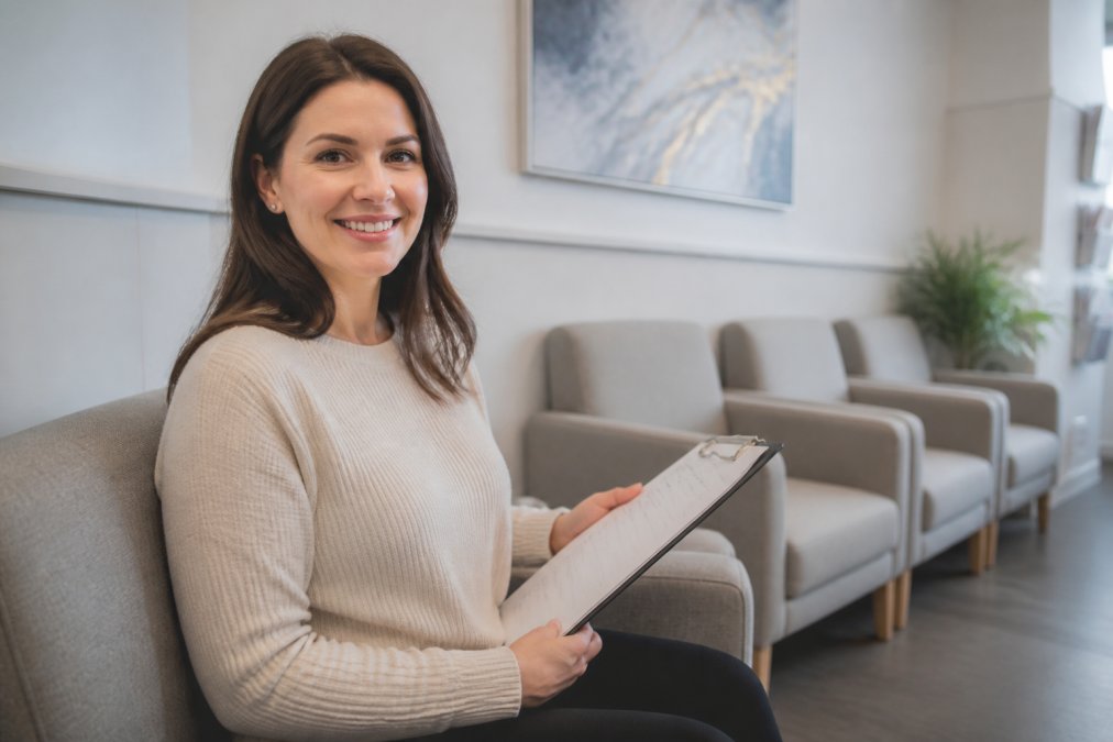 A calm, smiling patient in their early thirties sitting in a bright, modern dental waiting room, holding a clipboard with a patient history form, surrounded by clean white walls and comfortable seating