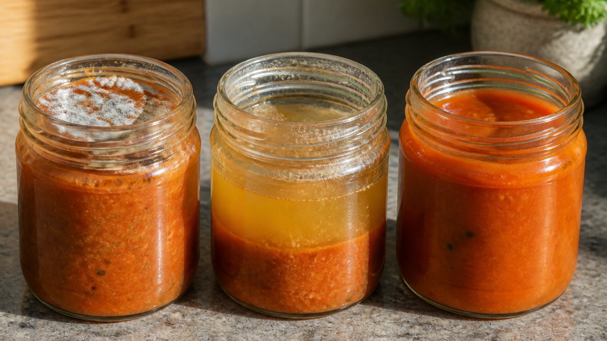 Close-up of three opened artisanal hot sauce jars on a kitchen counter with natural sunlight: one showing visible white mould growth on the surface, one with separated cloudy liquid and sediment, and one with normal appearance and vibrant colour