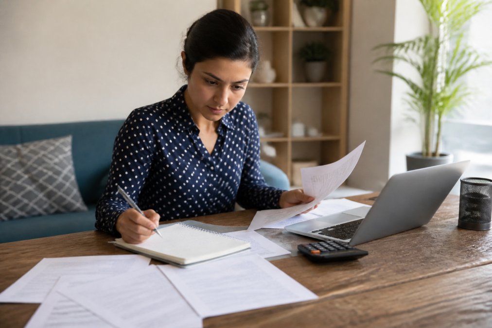 Person sitting at a desk in a bright home office, reviewing credit reports and financial documents on a laptop while taking notes, looking focused and determined
