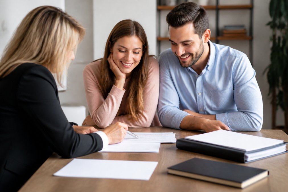 Loan officer and couple reviewing mortgage documents together at a desk in a bright, professional office, with the couple smiling and appearing relieved