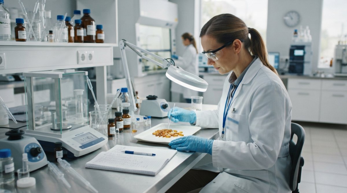 Professional laboratory technician in white coat examining supplement capsules under controlled lighting in a modern testing facility with precision equipment