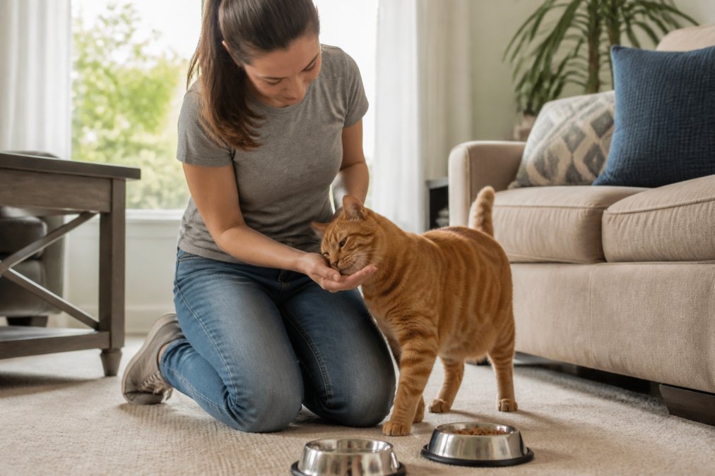 Pet sitter kneeling to feed treats to an orange tabby cat in a bright living room during a daily check-in visit