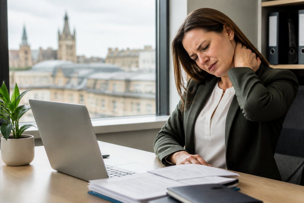 A person sitting at a desk in a bright Glasgow office, gently massaging the back of their neck with a pained expression, a laptop and paperwork in front of them