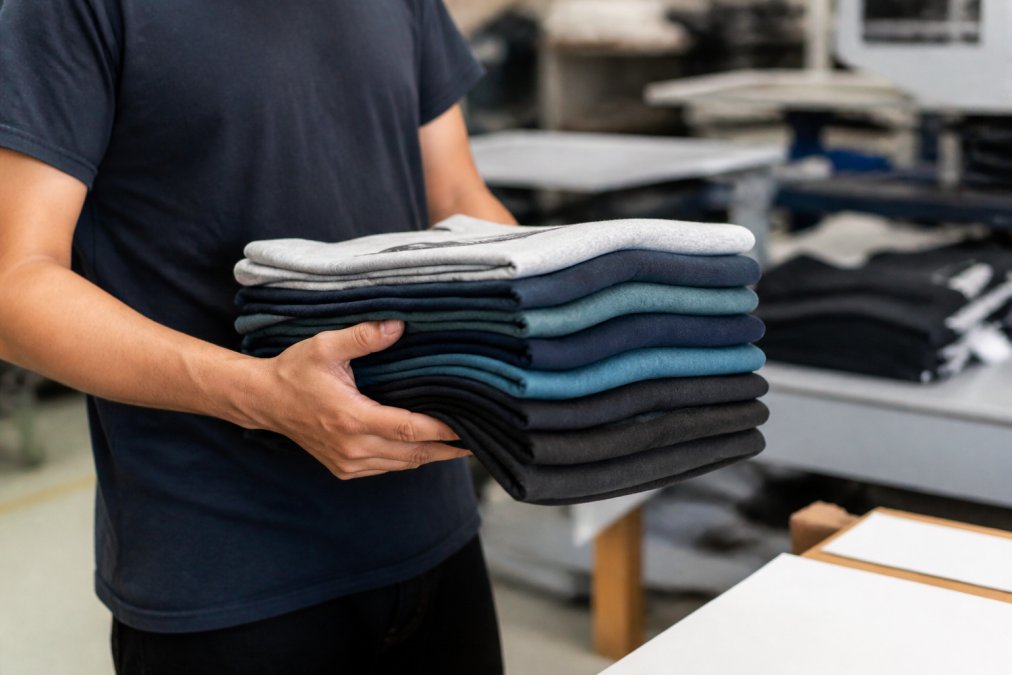 A worker's hands holding a stack of freshly folded custom t-shirts in a bright workshop, with a computer monitor displaying a colorful design file blurred in the background