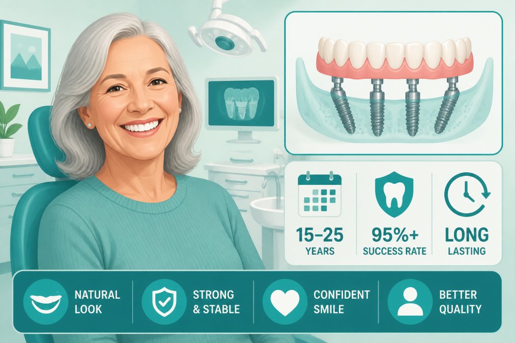 Professional illustration showing all-on-4 implants last