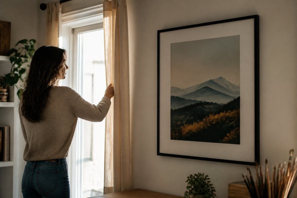A framed art print hanging on a sunlit wall, with a person adjusting the curtain to reduce direct light exposure on the artwork