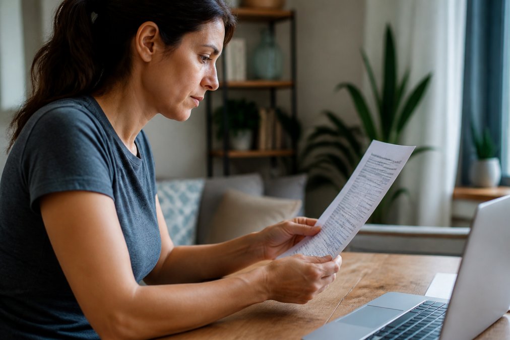Person at home reviewing a printed health report on a table with a laptop nearby, studying the results carefully in natural lighting