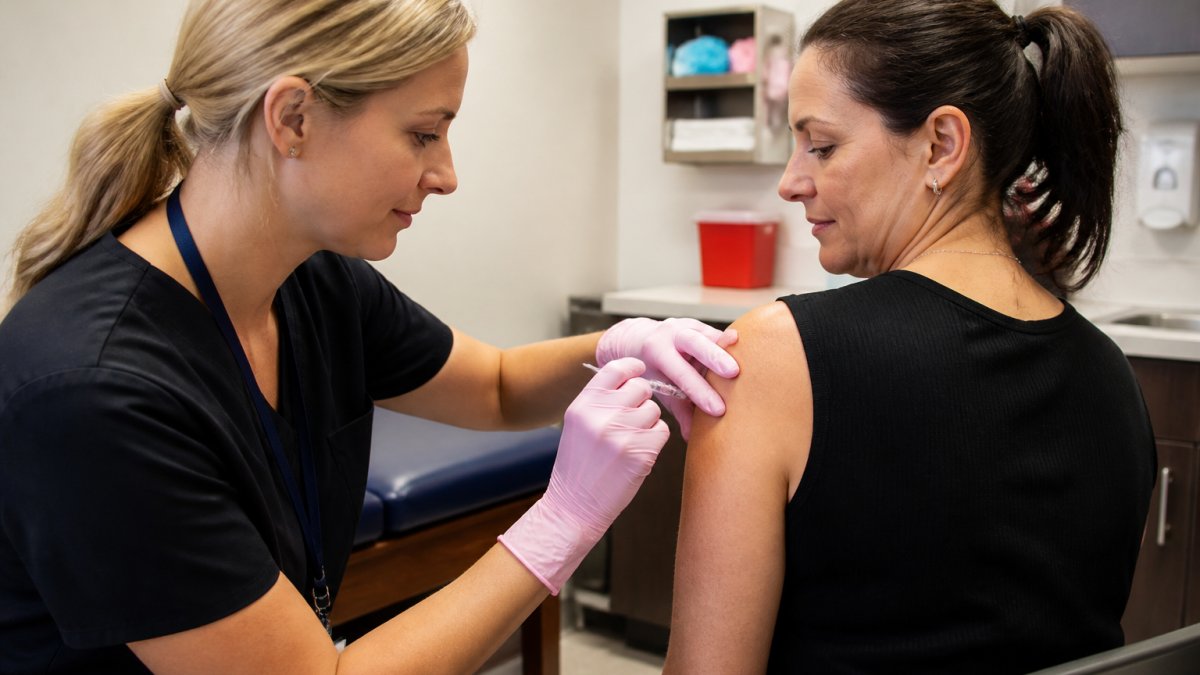 Healthcare professional administering B12 injection into patient's upper arm in clinical setting with bright overhead lighting