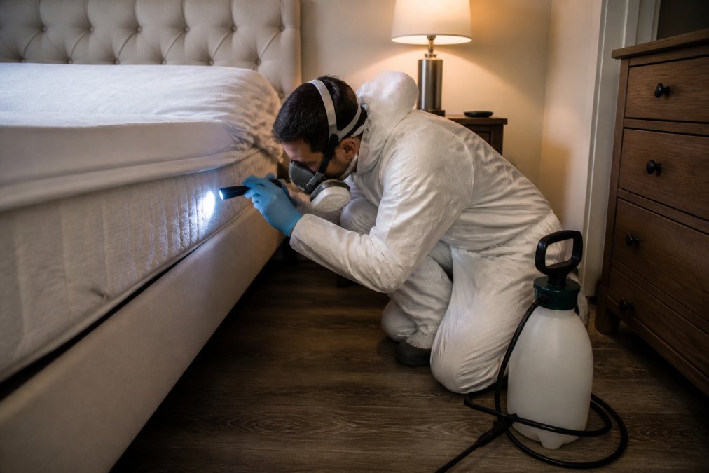 Pest control technician inspecting a mattress seam to see how long bed bugs stay after chemical treatment