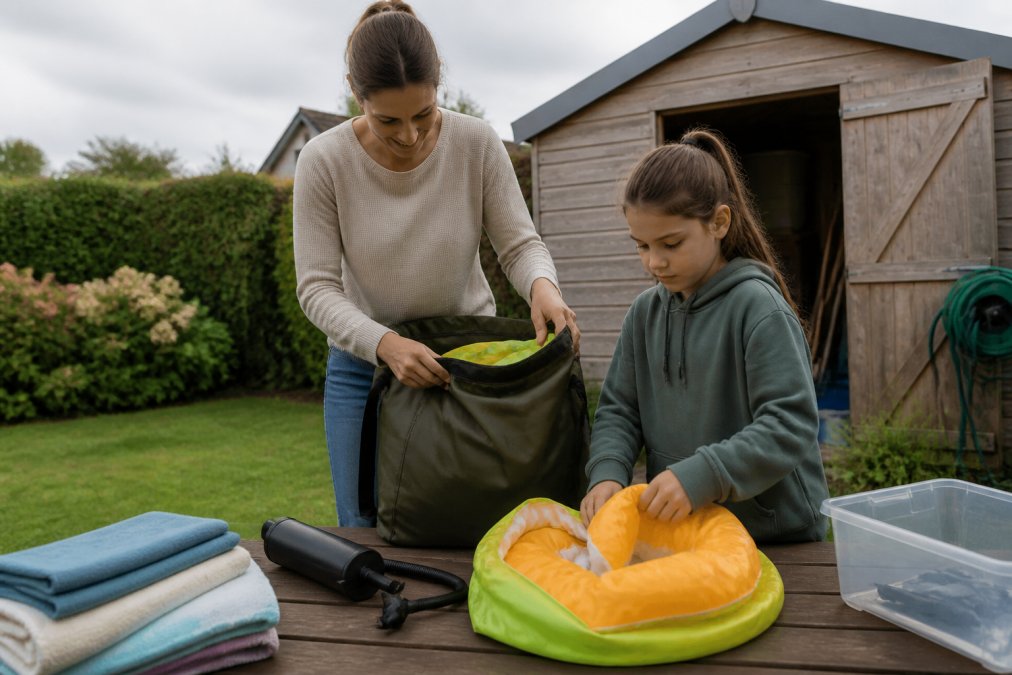 A parent and child in a backyard garden carefully folding and packing a deflated pool toy into a large storage bag, with a dry garden shed visible in the background on an overcast late-summer day