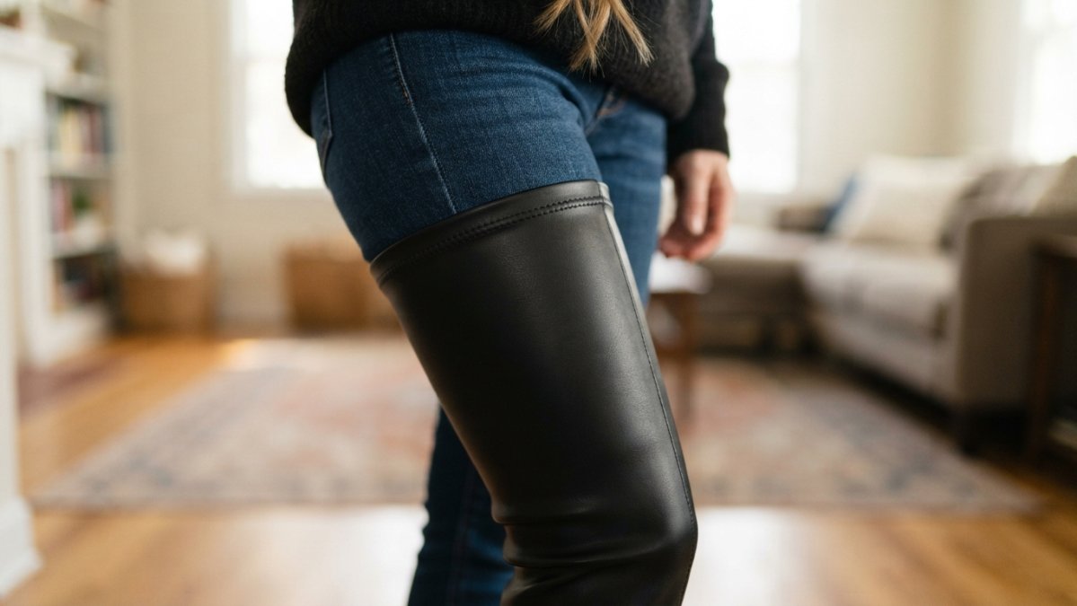 Diagram demonstrating the proper placement of a thigh-high sleeve to prevent slipping and bunching during wear.