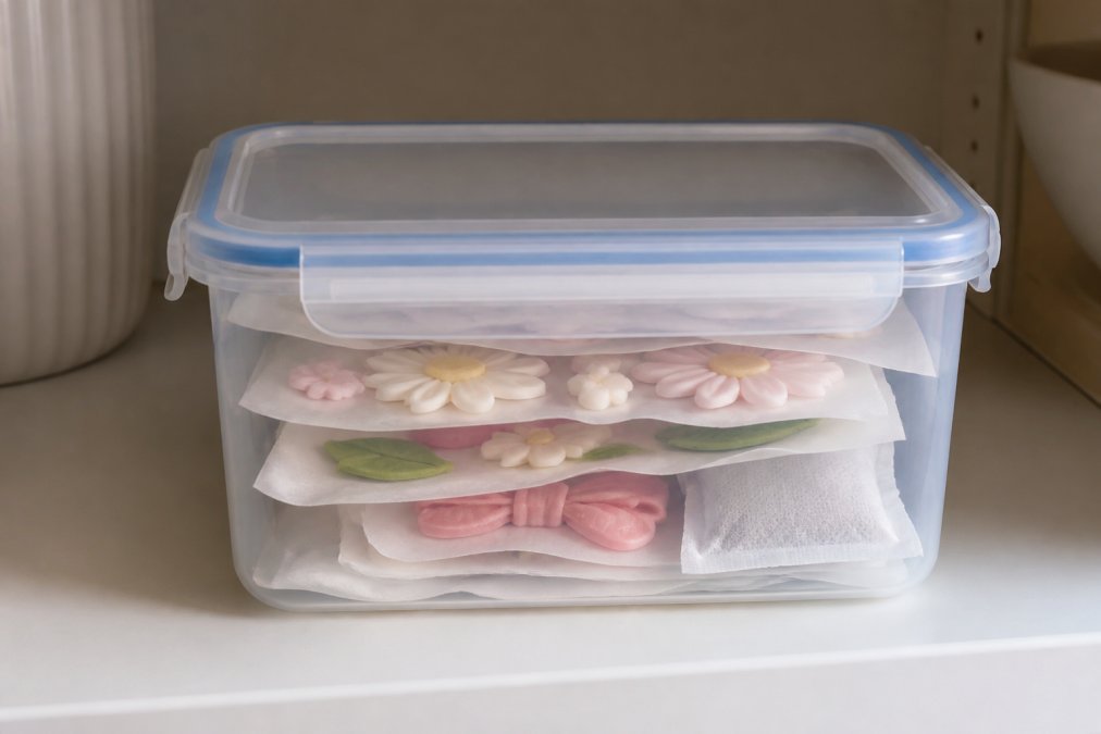 Fondant toppers carefully arranged in a clear airtight container with a silica gel packet visible on the shelf, showing proper layering with parchment paper between decorations, placed on a cool kitchen shelf away from sunlight