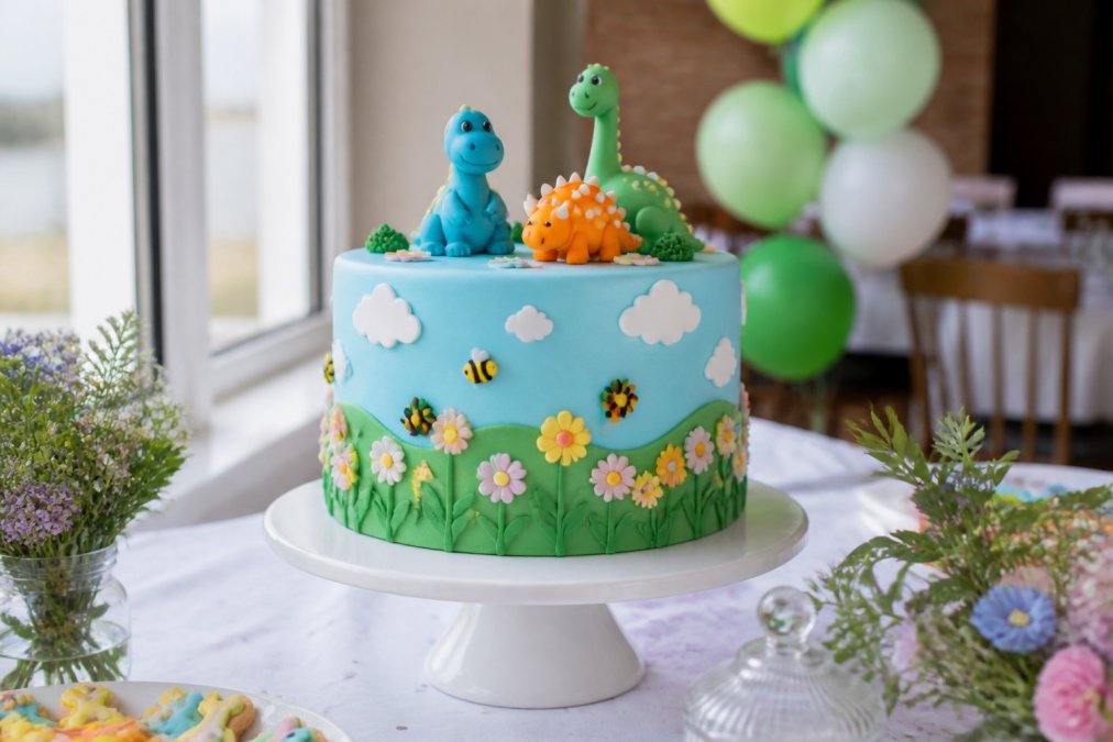 A beautifully decorated celebration cake with vibrant fondant toppers positioned on top, displayed on a white cake stand in soft natural lighting from a nearby window, with the cake sitting on a decorative table at a party venue