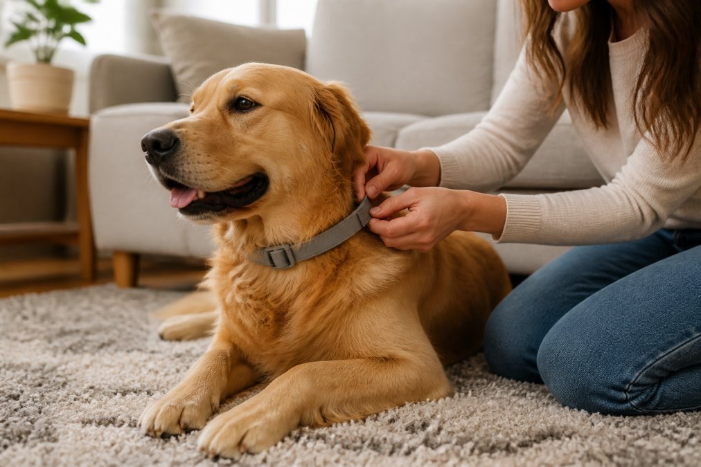 Woman gently adjusting a calming collar on a relaxed golden retriever lying on a cozy living room rug.