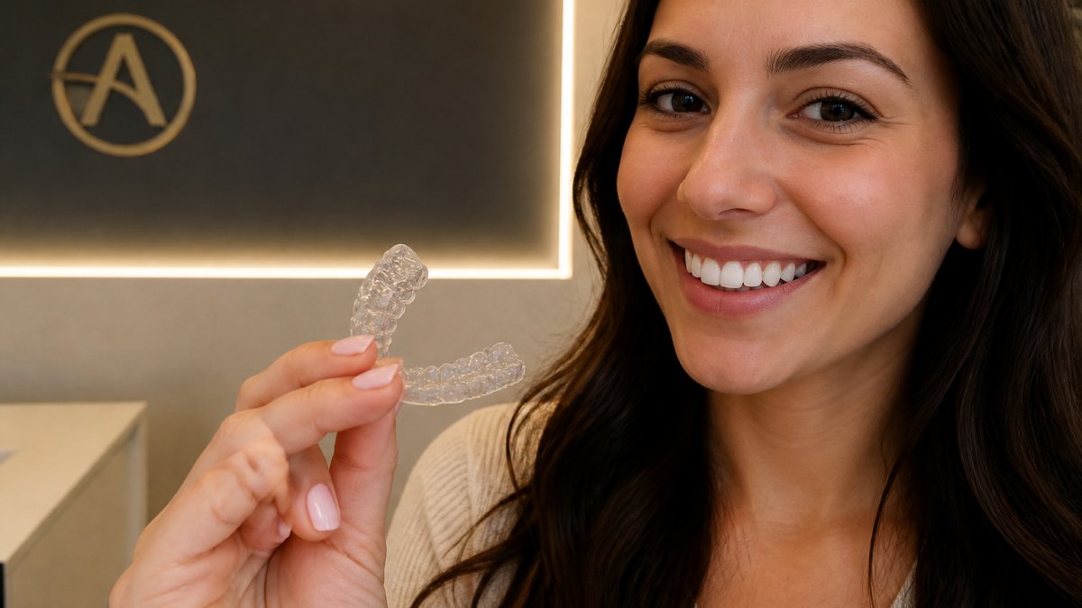 Patient smiling whilst holding their clear aligner tray, showing the transparent material close-up in natural light