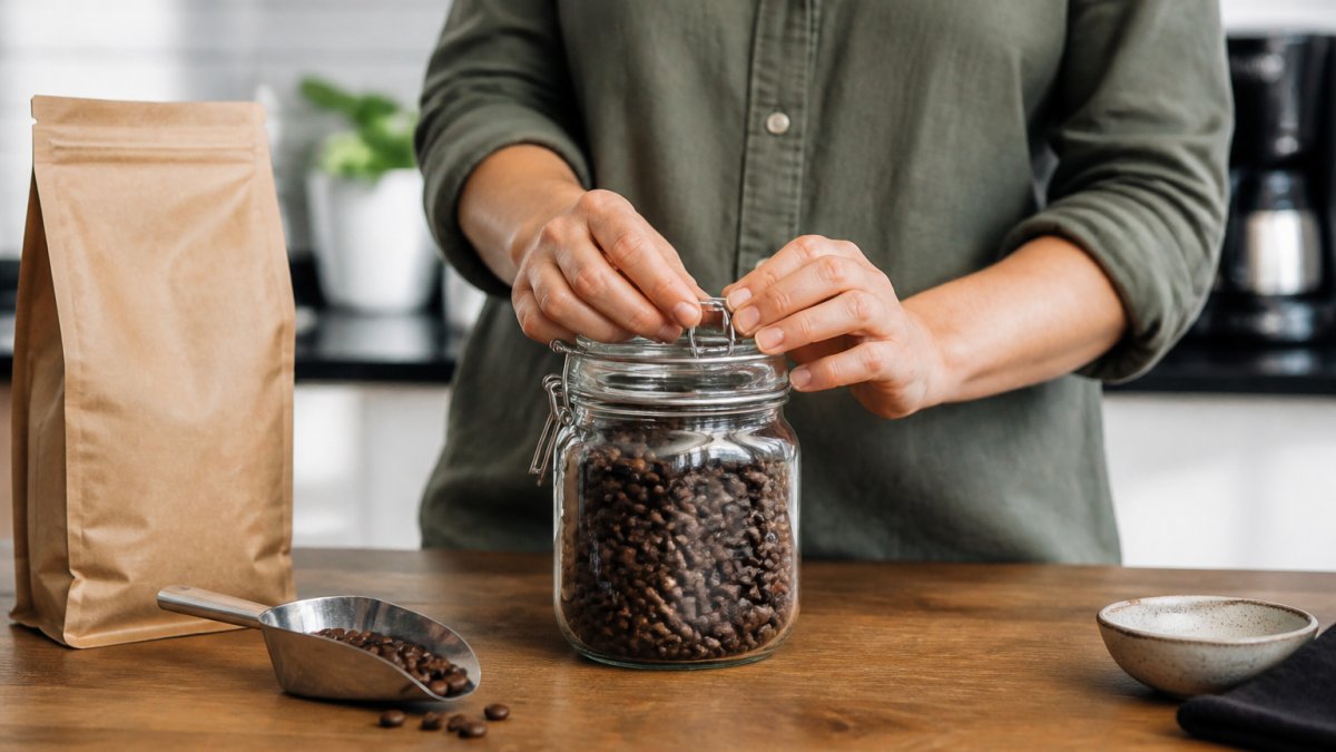 Person sealing fresh whole coffee beans into an airtight glass jar on a kitchen counter