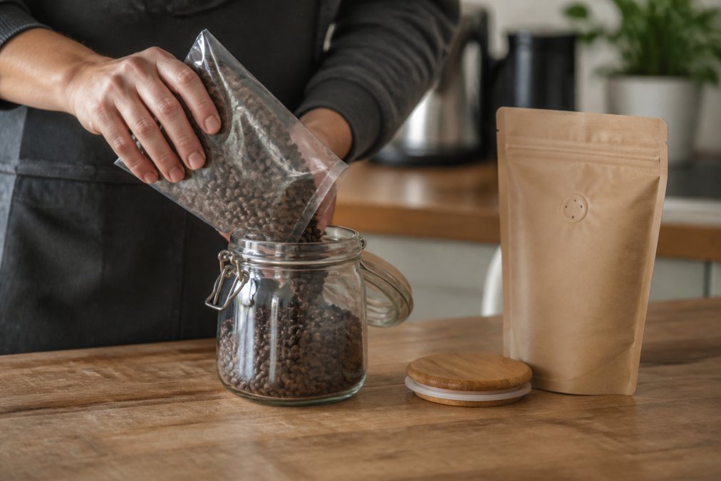 Hands transferring fresh coffee beans into an airtight glass jar to maintain flavor and freshness.