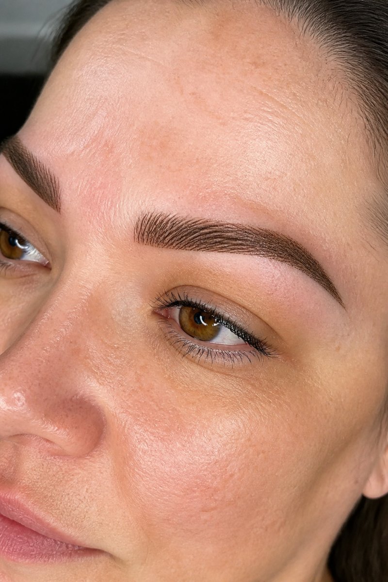 Close-up of a person's eyebrows showing the texture and appearance of freshly healed combination brows with both hair-like strokes and powder shading visible in natural lighting