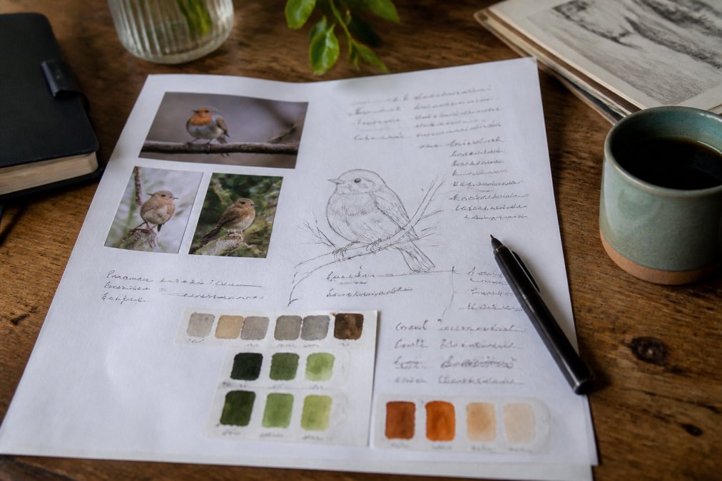 Close-up of a detailed commission brief with reference photos of British birds, colour swatches, and handwritten notes on a desk with coffee and pen