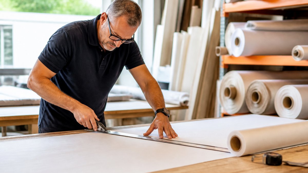 Craftsperson carefully measuring and cutting white fabric for roller blinds at a wooden workbench in a bright workshop, with rolls of fabric visible in the background