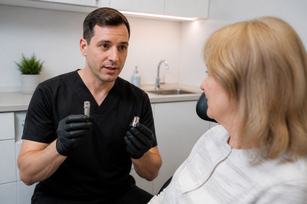Close-up of a dentist holding a titanium dental implant model and abutment component, explaining it to a patient in a bright, modern dental office with white cabinetry and soft overhead lighting