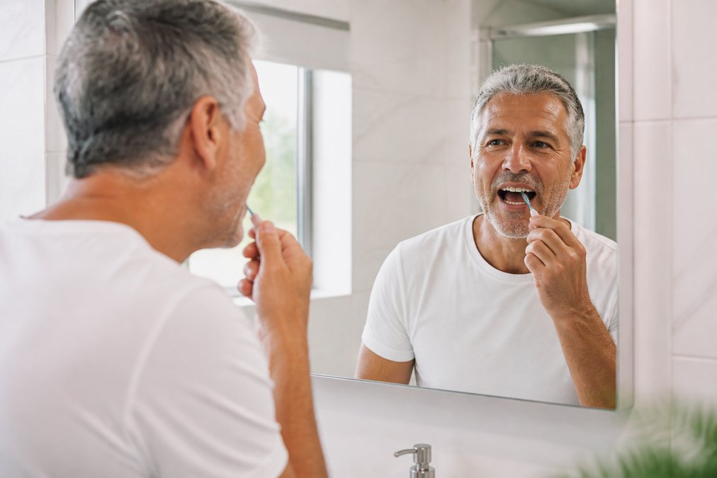 Person using a small interdental brush to clean around a dental implant in front of a bathroom mirror, bright and clean bathroom setting with natural morning light