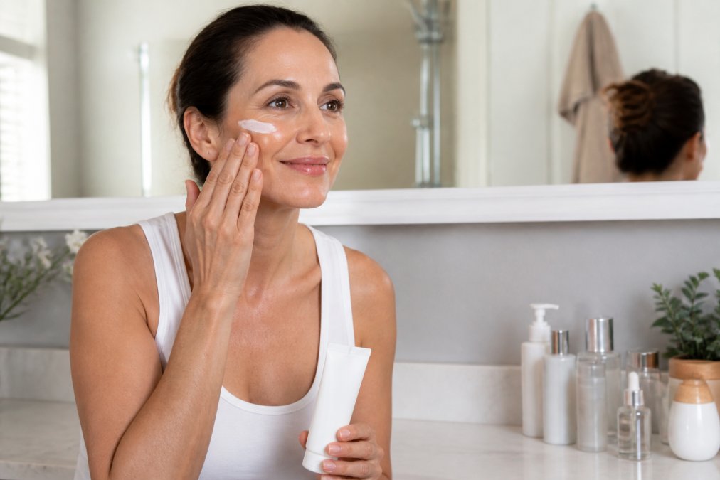 Woman in her 40s applying sunscreen to protect her skin and dermal fillers in a bright, modern bathroom.