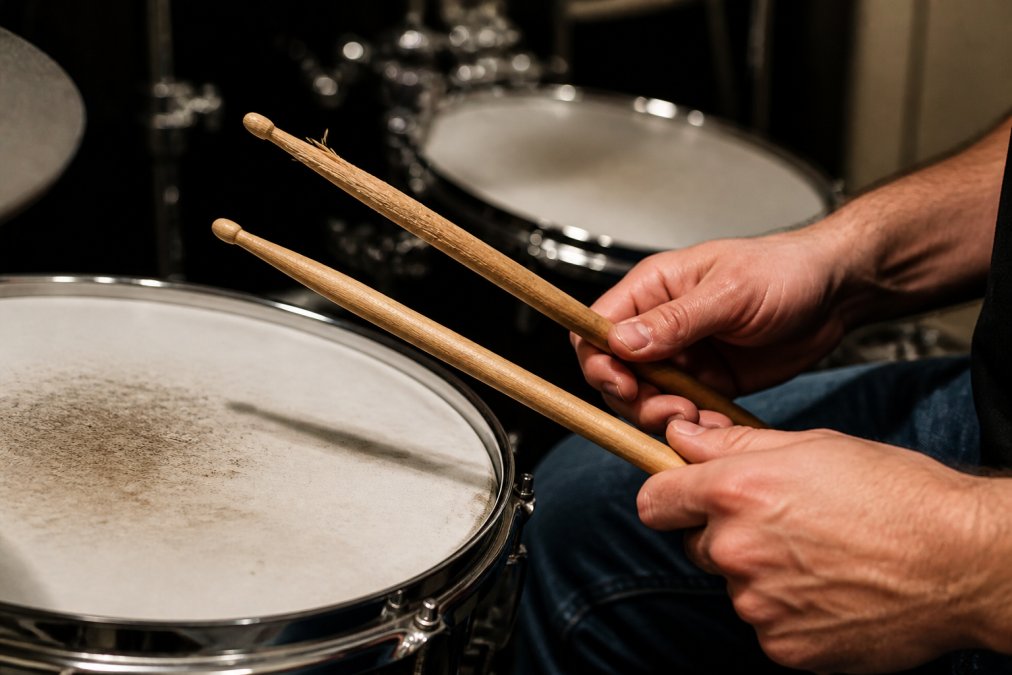 Diagram showing how long drumsticks last by highlighting splintering and wood wear on a snare drum