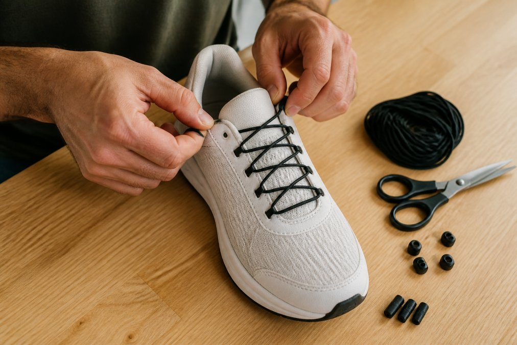 Close-up of hands carefully installing elastic shoelaces into sneaker eyelets, demonstrating the push-and-pull installation method with clear tension adjustment and proper eyelet positioning