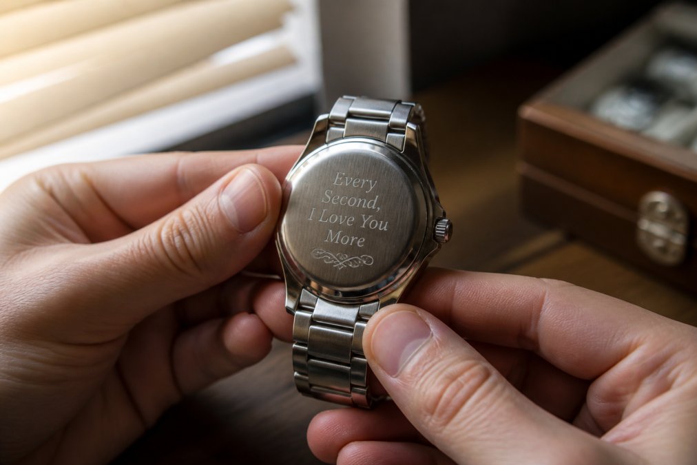 Close-up of hands holding a stainless steel watch caseback with personalized lettering engraved into the metal, soft window light catching the depth of the cut